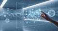 Human finger touching glowing digital network interface with abstract particle data stream Royalty Free Stock Photo