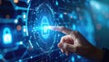 Human finger touching a glowing digital padlock icon on a complex blue circuit board interface for cybersecurity Royalty Free Stock Photo