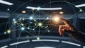 Human Finger Touching a Glowing Network of Connected Digital Nodes and Lines in a Futuristic Environment Royalty Free Stock Photo