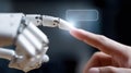 Human finger touching robot hand symbolizing connection and future technology interaction with glowing speech bubble for message
