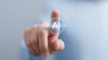 Human finger touching virtual ai interface, demonstrating artificial intelligence concept and interaction future technology Royalty Free Stock Photo