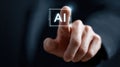 Human finger touching virtual ai interface, demonstrating artificial intelligence concept and technology future interaction Royalty Free Stock Photo