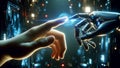 Human fingers and robot fingers collide, showing cooperation, AI generative image