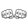 Human fists with tattoo love hate . Design element for logo, label, sign.