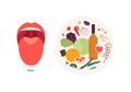 Human five taste infographic. Vector flat modern illustration. Tongue zone map. Bitter meal plate product icon set isolated on