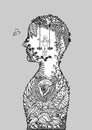 Human flower head child on swing inside spirit power energy abstract art illustration design hand drawn
