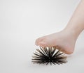 Human foot massage therapy with help of artificial sea urchins model on grey