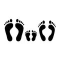 Human footprint. Black silhouette of man, woman and baby footprints. Family. Vector icons isolated on white