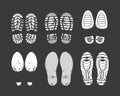 Human footprint. Footwear steps silhouette, shoes, boots, sneakers footstep print of men and women, textured steps. Dirty shoes