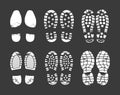 Human footprint. Footwear steps silhouette, shoes, boots, sneakers footstep print of men and women, textured steps. Dirty shoes