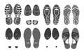 Human footprint. Footwear steps silhouette, shoes, boots, sneakers footstep print of men and women, textured steps. Dirty shoes