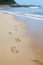 Human footprints on the beach sand leading towards the viewer Royalty Free Stock Photo