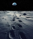 Human footprints on lunar surface with Earth glowing brightly above on black starry sky. Generative AI