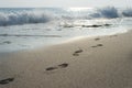 Human footprints in the sand, surf, wave Royalty Free Stock Photo