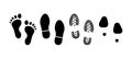 Human Footprints. Set of Footprints with bare feet, boots and womens shoes. Vector illustration. Royalty Free Stock Photo