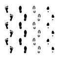 Human Footprints. Set of Footprints with bare feet, boots and womens shoes. Vector illustration. Royalty Free Stock Photo