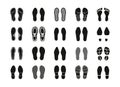 Human footprints. Human step silhouettes, barefoot sneaker boots sole baby footsteps women shoes print trail. Vector