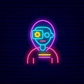 Human with futuristic glasses neon icon. VR game club logo. High tech technology. Isolated vector stock illustration Royalty Free Stock Photo