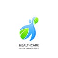 Human with green leaf, logo sign, emblem design template. Concept for people health care, nature and environment