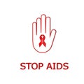 Human hand with aids ribbon for stop virus isolated on the white backgrouund, red and white vector illustration