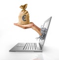 Human hand with a bag of Euros, coming out from computer screen. Royalty Free Stock Photo