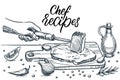 Human hand beats tenderloin steak with kitchen hammer. Cooking meat meal preparation process vector sketch illustration