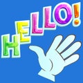 Human hand in cartoon style and hello quote, hand waving. Hello welcome or goodbye gesture