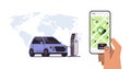 human hand charging electric car in mobile app battery vehicle at recharging power station charger EV management zero