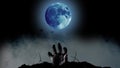 Human hand climbs into the cemetery from behind a bright blue moon and a blue twinkles. Black smoky background