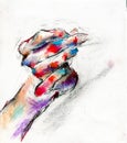 Human hand closeup handdrawn colorful creative illustration
