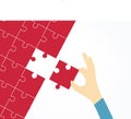 Human hand completing whole puzzle with last piece. Vector illustration for business design and infographic