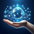 Human Hand Cradling a Glowing Digital Earth and Cloud Computing Network. Royalty Free Stock Photo
