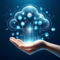 Human Hand Cradling a Glowing Digital Earth and Cloud Computing Network. Royalty Free Stock Photo