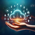 Human Hand Cradling a Glowing Digital Earth and Cloud Computing Network. Royalty Free Stock Photo
