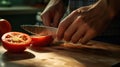Human hand cutting tomatoes with sharp knife created with Generative AI