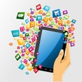 Human hand digital tablet pc app icons. Royalty Free Stock Photo