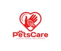 Human hand and dog`s paw in the heart, logo design. Pet shelter, pet care and animals, vector design