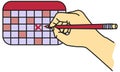 Human hand draws a cross on a calendar with a pencil