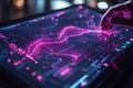 Human hand interacting with futuristic digital interface displaying glowing pink data visualizations. Royalty Free Stock Photo