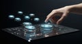 Human Hand Interacting with Futuristic Touchscreen Interface in Dark Environment Royalty Free Stock Photo
