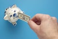 Hand is feeding piggy bank with one hundred US dollars toy Royalty Free Stock Photo