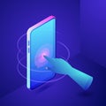 Hand touching screen on phone. Digital interactive technology concept. Vector neon gradients 3d isometric illustration