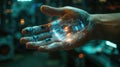 Human hand with futuristic holographic circuit technology