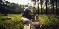 Human Hand Gently Holding Miniature Green Earth-like Planet, Trees and Grass, Serene Meadow Background Royalty Free Stock Photo