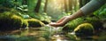 A human hand gently touching the surface of a clear forest stream, with sunlight filtering through the dense foliage of Royalty Free Stock Photo