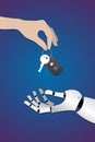 human hand gives car keys to robot hands on dark Royalty Free Stock Photo