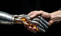 Human hand grasping a robotic hand symbolizing the intersection of humanity and artificial intelligence in modern technology Royalty Free Stock Photo