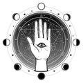 Human hand has an all-seeing divine eye. Alchemical circle of transformations.
