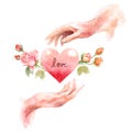Human hand with heart and rose . Watercolor painting design . Valentine day concept . Isolated white background . Illustration Royalty Free Stock Photo