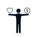 Human hand with heart sign and money coin icon. Work life balance concept. Vector illustration Royalty Free Stock Photo